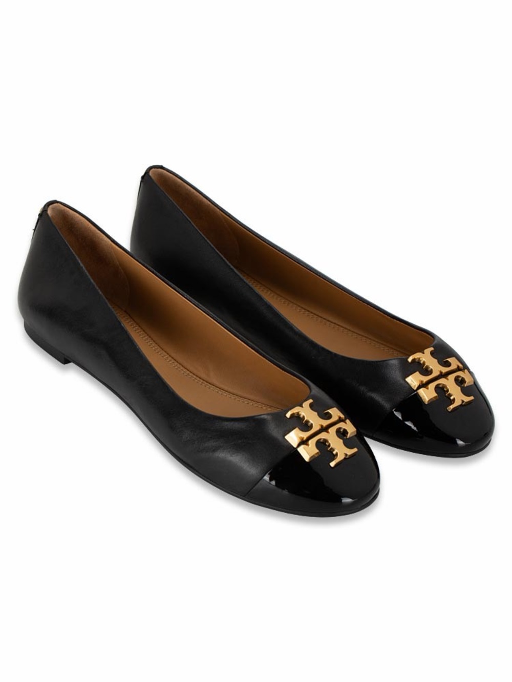 Tory Burch Everly Cap Toe Black Leather Gold T-Monogram Ballet Flat Shoes Size 7